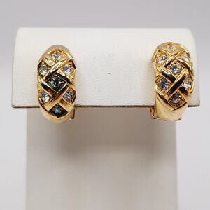 Vintage Gold Plated Half Hoop Clip Earrings w/ Clear Rhinestones